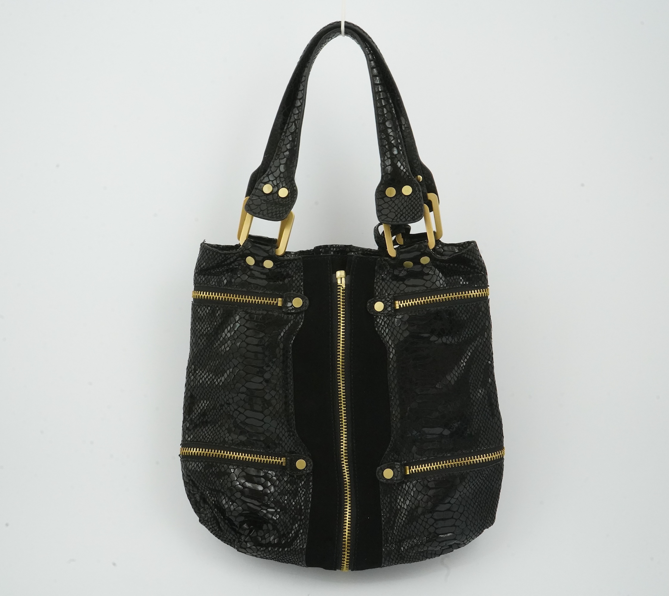 A vintage Jimmy Choo black snakeskin and elasticated material handbag with zip detail.